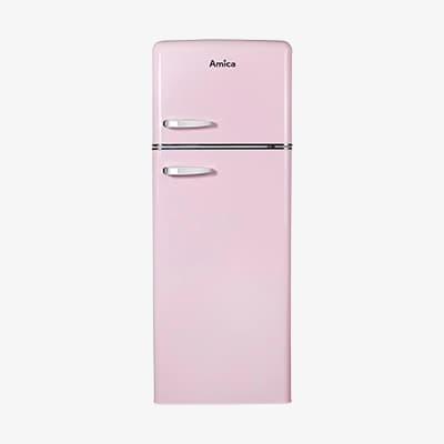 Rosa Retro-Kühlschrank mit Gefrierfach oben und zwei silbernen Griffen, Marke Amica vorne sichtbar