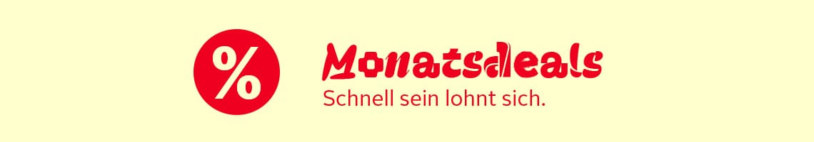 Monatsdeals – rotes Prozentzeichen im Kreis links neben roter Schrift auf hellgelbem Hintergrund