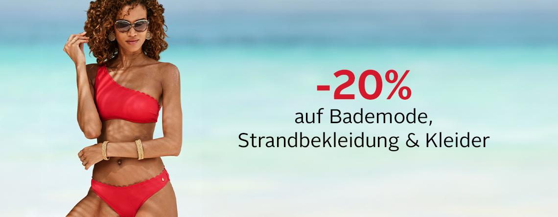 - 20 % auf Bademode, Strandbekleidung & Kleider. Frau mit rotem Bikini und Meer im Hintergrund