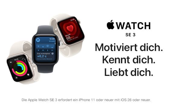 Apple Watch SE 3 – Motiviert dich. Kennt dich. Liebt dich. Drei Apple Watches zeigen Gesundheits- und Fitnessfunktionen.