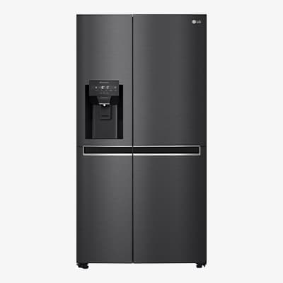 Schwarzer LG Side-by-Side Kühlschrank mit Wasser- und Eisspender in der Tür, zwei große Türen mit silbernen Griffleisten