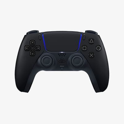 Schwarzer PlayStation 5-Controller mit blauen Akzenten, Vorderansicht, zeigt Tasten und Steuerknüppel