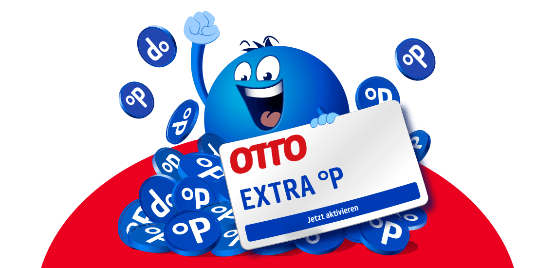 OTTO EXTRA °P Jetzt aktivieren – fröhliche blaue Figur hält eine Karte umgeben von vielen blauen °P-Marken