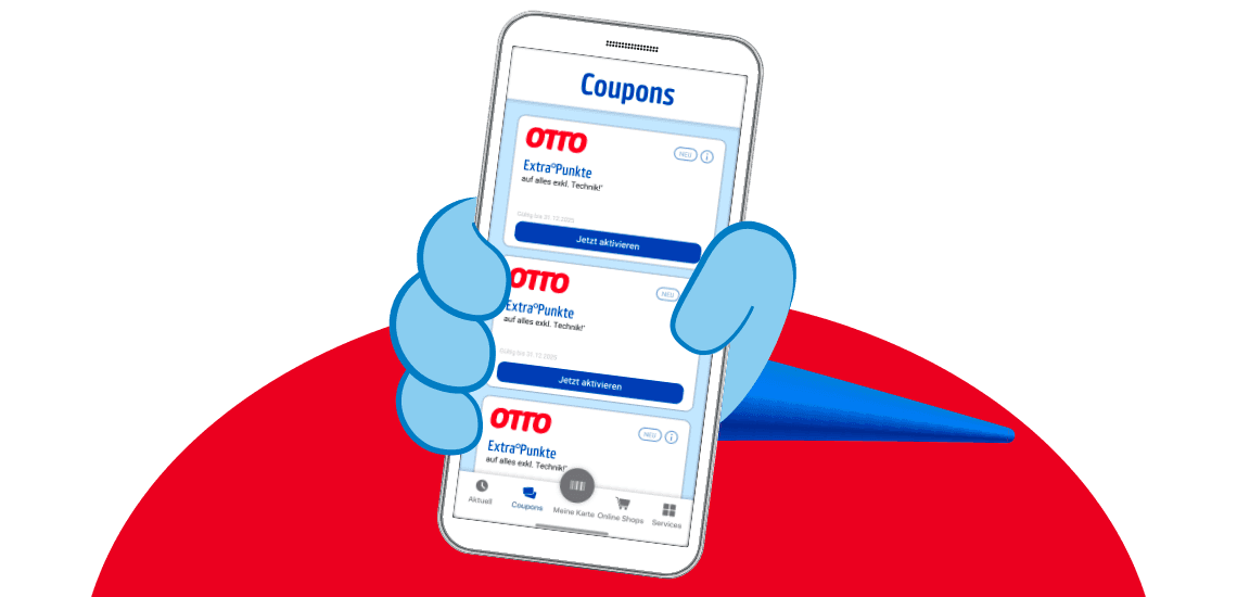 OTTO Extra Punkte auf alles exkl. Technik – Cartoon-Hand hält Smartphone mit Coupons-App