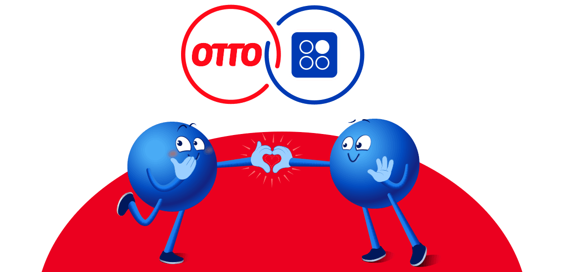 OTTO und Payback Logos – zwei blaue Figuren formen ein Herz mit ihren Händen auf rotem Hintergrund