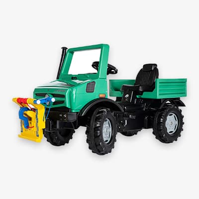 Spielzeug-Traktor mit Anhänger in grün, ausgestattet mit buntem Werkzeugset vorne, schwarze Räder und Sitz