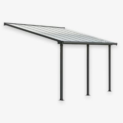 Schrägdach-Terrassenüberdachung mit drei schwarzen Stützpfeilern und transparentem Dachpaneel, Seitenansicht von rechts