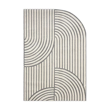 Teppich mit grauen Linien und halbrunden Mustern auf cremeweißem Hintergrund