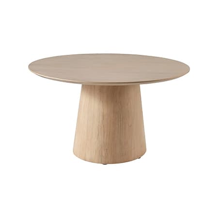 Runder Tisch mit breitem, konischem Fuß, helle Holzoptik