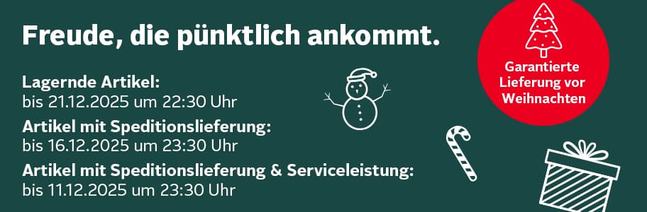 Freude, die pünktlich ankommt. Garantierte Lieferung vor Weihnachten – Infos zu Lieferfristen, Schneemann, Zuckerstange, Geschenkbox