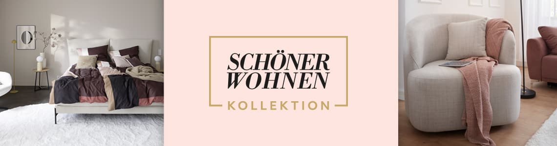 Schöner Wohnen Kollektion – Schlafzimmer mit Bett, Sessel mit rosa Decke und Wohnzimmer mit rotem Sofa.