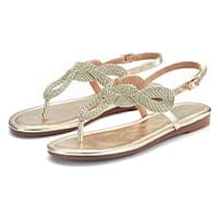 Goldene Sandalen mit verziertem Riemen und Zehensteg, seitlich abgebildet.
