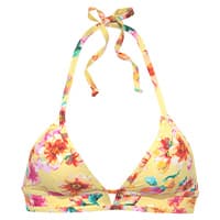 Gelbes Bikinioberteil mit buntem Blumenmuster und Nackenbindern vor weißem Hintergrund