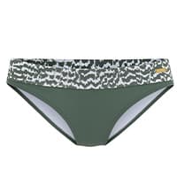 Dunkelgrüne Bikinihose mit breitem, gemustertem Bund in Schwarz-Weiß, frontal vor weißem Hintergrund