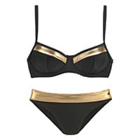 Schwarzes Bikini-Set mit goldenen Akzenten auf Ober- und Unterteil.