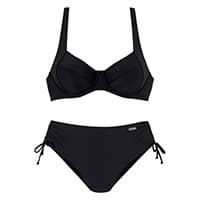 Schwarzer Bikini mit Bügel-BH und seitlichen Bindebändern an der Hose
