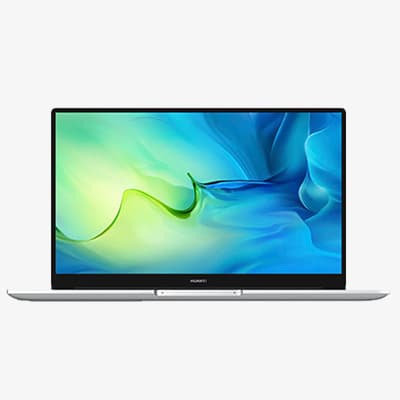 Aufgeklappter Huawei-Laptop von vorn, Display mit blau-grünem Farbverlauf auf hellem Hintergrund