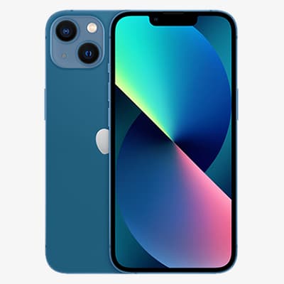Blaues Smartphone von vorne mit leuchtendem Display, dahinter Rückseite mit zwei Kameras links oben
