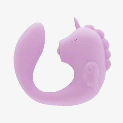 Gebogener lilafarbener Vibrator in Einhornform mit Mähne, Horn und geschlossenen Augen