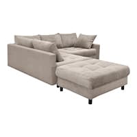 Ecksofa in Beige mit passendem Hocker und mehreren Rücken- und Seitenkissen