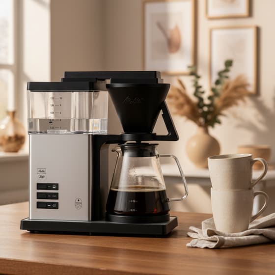 Filterkaffeemaschine mit Glaskanne auf Holztisch, daneben zwei gestapelte Becher und Tuch in heller Küche