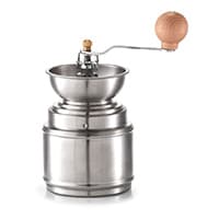 Manuelle Kaffeemühle mit zylindrischem Gehäuse und seitlicher Kurbel mit rundem Holzgriff