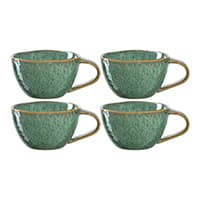 Set aus vier grünen Kaffeetassen mit Henkeln, in zwei Reihen nebeneinander angeordnet