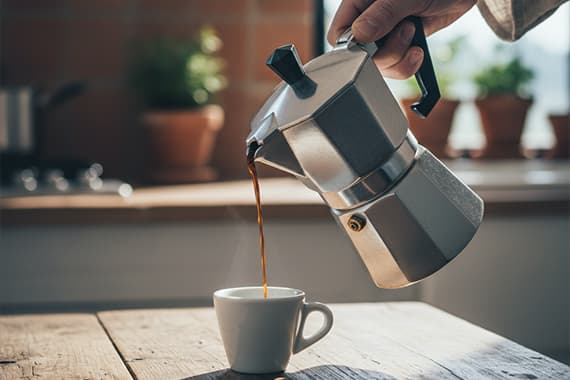 Hand gießt frischen Kaffee aus einem Espressokocher in eine kleine Tasse auf einem Holztisch in der Küche