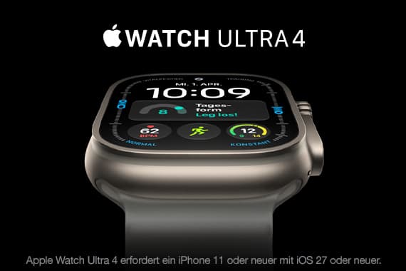 Apple Watch Ultra 4 – Nahaufnahme der Smartwatch mit Displayanzeige von Uhrzeit, Datum und Fitnessringen