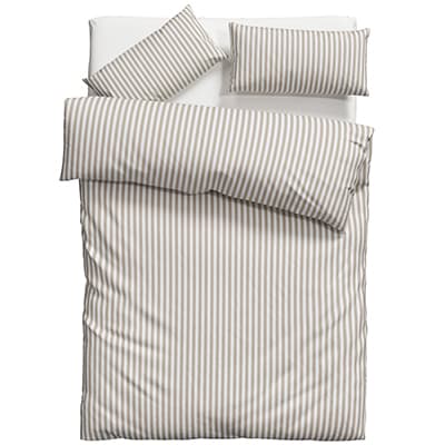 Bettwäsche-Set mit schmalen Längsstreifen in Beige und Weiß, bestehend aus Decke und zwei Kopfkissen