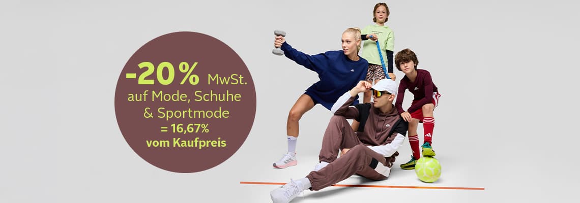 -20 % MwSt. auf Mode, Schuhe und Sportmode – vier Personen in Sportkleidung posieren mit Hantel, Schläger und Ball