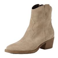 Beiger knöchelhoher Stiefel mit kleinem Blockabsatz und seitlichen Ziernähten in Western-Optik