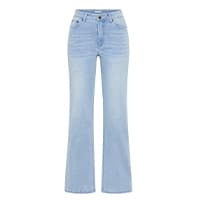 Helle Damenjeans mit Schlag, mittlerer Bundhöhe und geradem Bein auf weißem Hintergrund