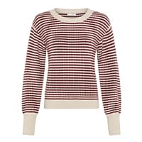 Gestreifter Pullover mit langen Ärmeln, rot-weiße Querstreifen und helle Bündchen an Saum, Ärmeln und Rundhalsausschnitt