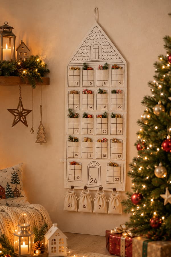 Stoff-Adventskalender in Hausform mit nummerierten Taschen, gefüllt mit kleinen Geschenken, neben festlich geschmücktem Weihnachtsbaum