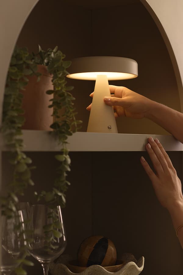 Hand stellt kleine Tischlampe in Regal neben hängender Pflanze, Gläsern und Dekoschale mit Kugel