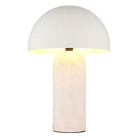 Kleine Tischlampe mit zylindrischem Fuß und halbkugelförmigem Schirm, der warmes Licht nach unten abgibt