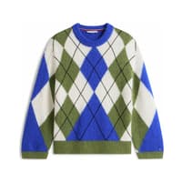 Pullover mit großem Rautenmuster in Blau, Grün und Weiß, lange Ärmel, Rundhalsausschnitt