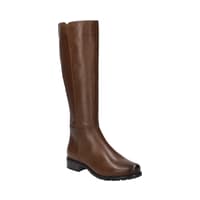 Brauner kniehoher Damenstiefel mit flachem Absatz und profilierter Sohle, seitlich leicht gerundet