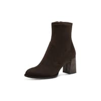 Dunkelbrauner Damen-Stiefelettenboot mit rundem Zehenbereich und breitem Blockabsatz vor weißem Hintergrund