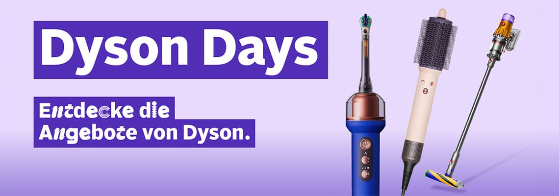 Dyson Days – Entdecke die Angebote von Dyson, mit Zahnbürste, Haarstyler und kabellosem Staubsauger auf lila Hintergrund