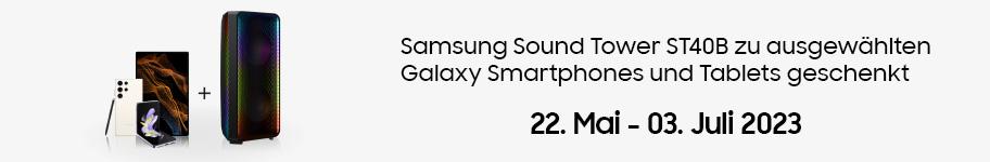 Klingt nach einem tollen Sommer. Samsung Sound Tower ST40B zu ausgewählten Galaxy Smartphones und Tablets geschenkt.