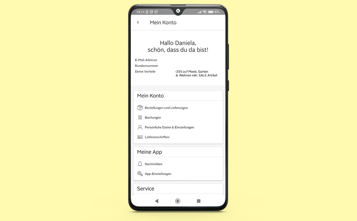 Die Grafik zeig den Mein Konto Bereich in der OTTO App
