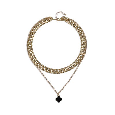 Breites, goldenes Collier schwarzem, kleeblattförmigem Anhänger