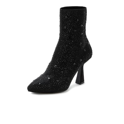 Schwarze High-Heel-Stiefeletten mit Schmucksteinchen