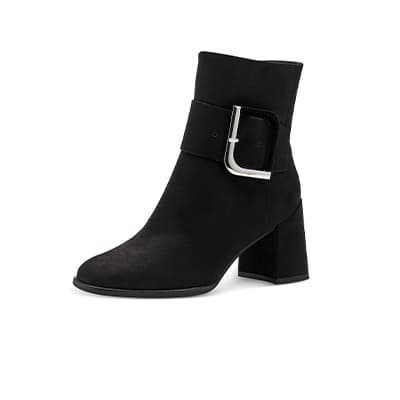 Schwarze Stiefeletten mit breitem Blockabsatz und silberner Schnalle
