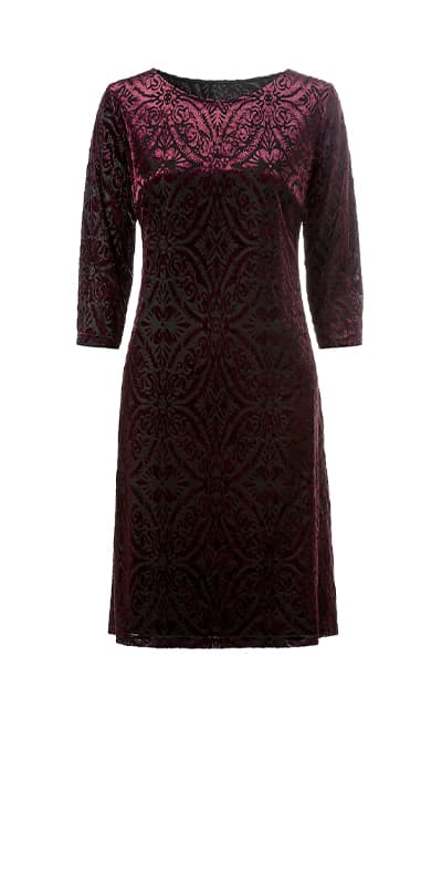 Bordeauxrotes, gemustertes Samtkleid