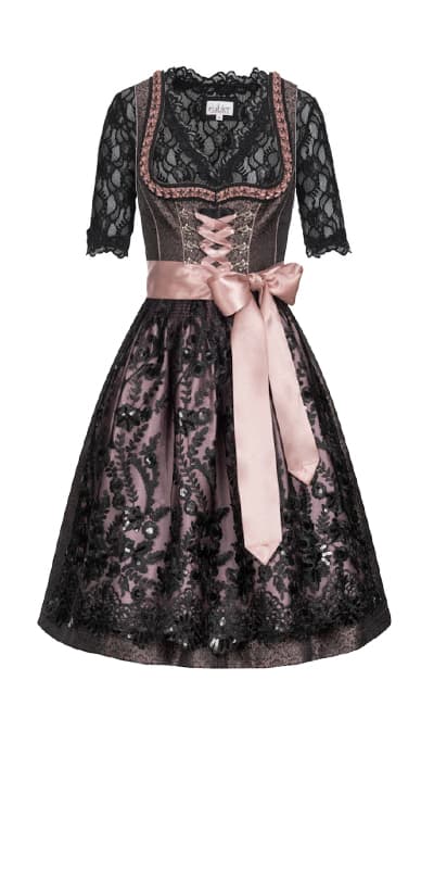 Schwarzes Spitzen-Dirndl rosa Schleife und schwarzer Bluse