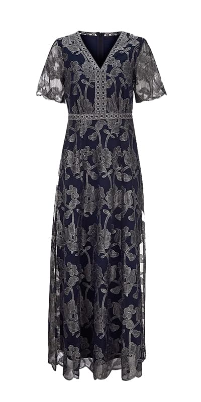 Dunkelblau-silbernes Abendkleid mit Blumenmuster