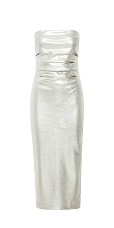 Trägerloses, silberfarbenes Kleid